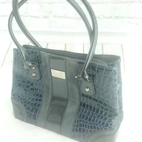 Beijo Womens Navy Blue Faux Croc Print Embossed Magnetic Double Strap Handbag - Picture 2 of 15